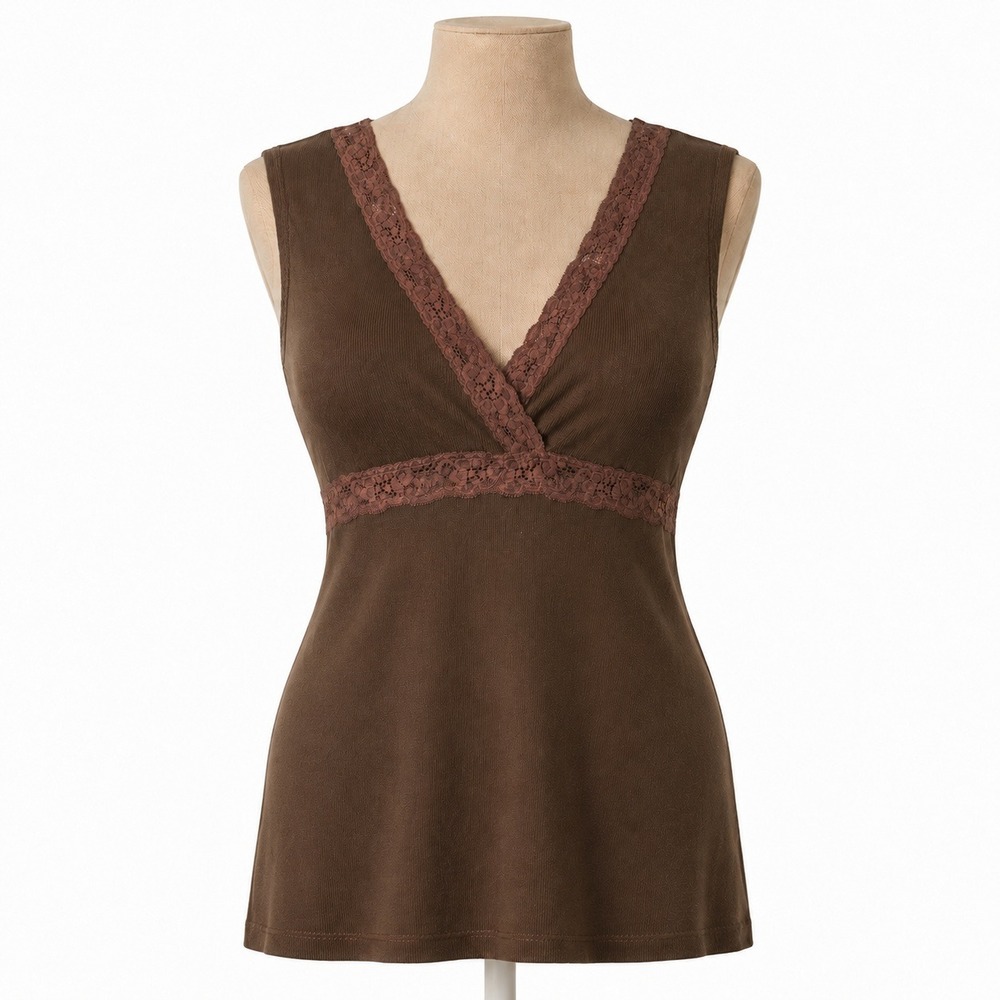Vintage Y2K Lace Babydoll Tank Top Sz S Brown Ribbed Stretch Fairy Grunge Indie